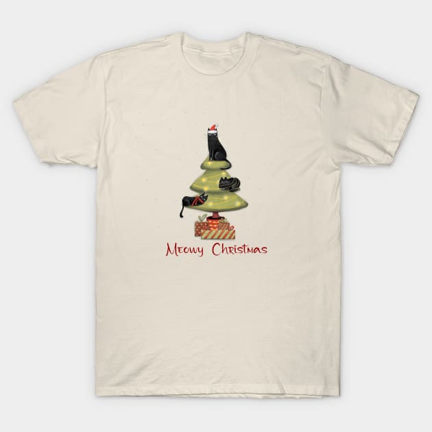 Merry Christmas - Black cats with Santa hat. T-Shirt by Olena Tyshchenko